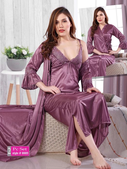 2 pic fancy bridal lpurple slip with robe set bridal night wear