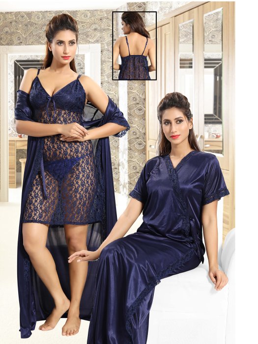 2pic bridal net slip with robe navi blue color 2 pic fancy bridal robe set
