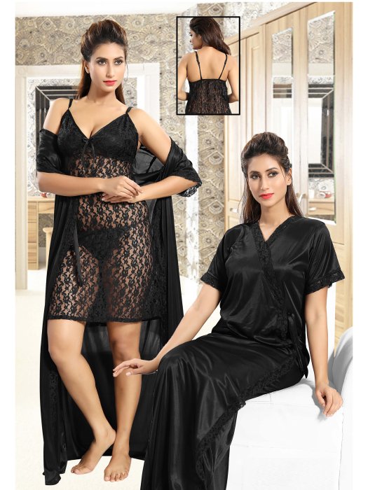 2pic bridal net slip with robe black color