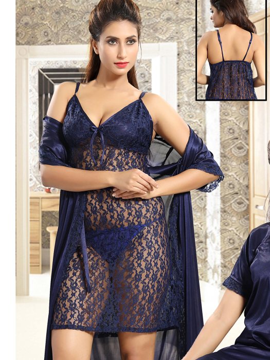 2pic bridal net slip with robe navi blue color 2 pic fancy bridal robe set