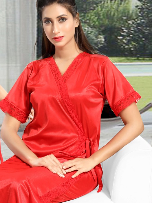 2pic bridal net slip with robe red color 2 pic fancy bridal robe set