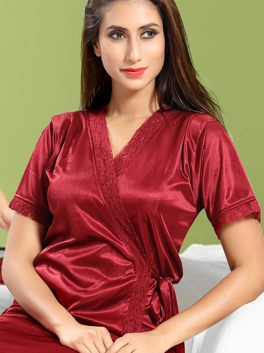 2pic bridal net slip with robe maroon color 2 pic fancy bridal robe set