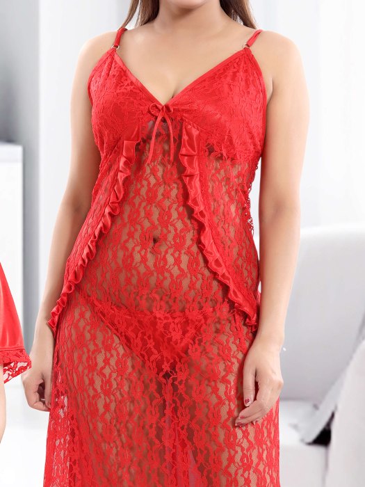2pic bridal robe with net slip red color 2 pic fancy bridal robe set