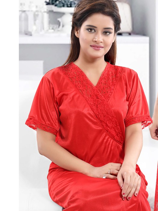 2pic bridal robe with net slip red color 2 pic fancy bridal robe set