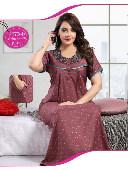 alpine cotton button with printed design night gown maroon women nighty