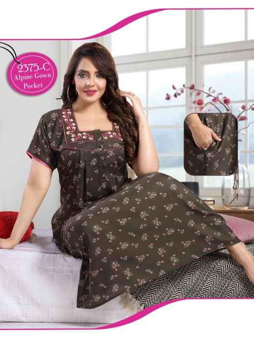 alpine cotton button with printed design night gown green women nighty