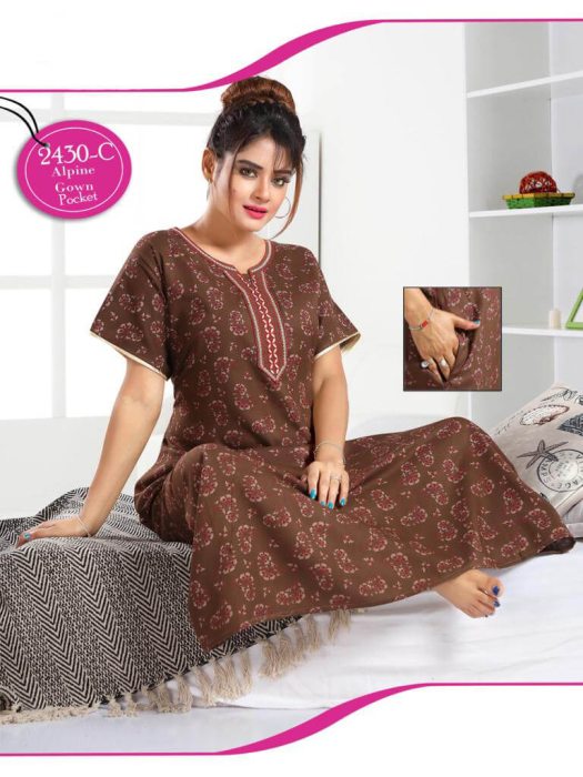 alpine cotton embroidery with printed design brown night gown  women nighty