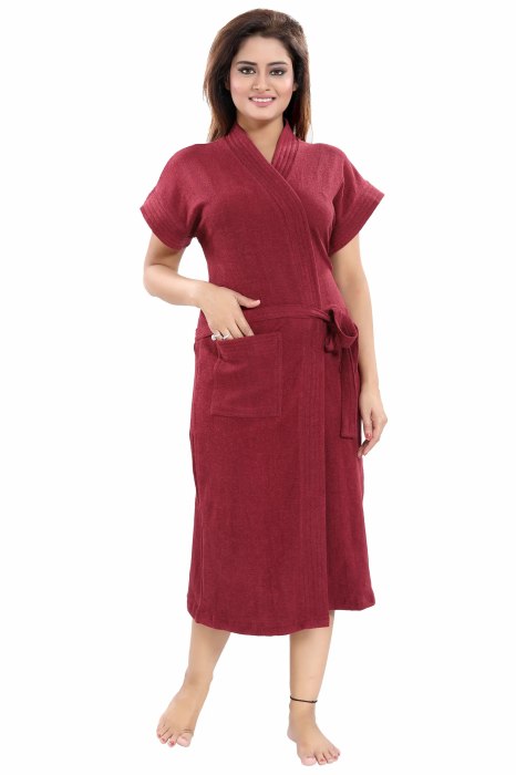 Women's Half Sleeve comfortable cotton terry Plain premium bathrobe for solid color Soft and Lightweight Robe for Everyday Use  maroon Solid Bath Robe