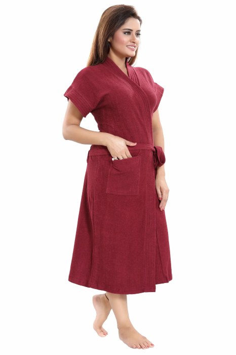 Women's Half Sleeve comfortable cotton terry Plain premium bathrobe for solid color Soft and Lightweight Robe for Everyday Use  maroon Solid Bath Robe