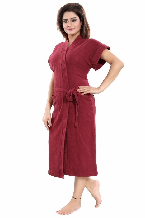Women's Half Sleeve comfortable cotton terry Plain premium bathrobe for solid color Soft and Lightweight Robe for Everyday Use  maroon Solid Bath Robe