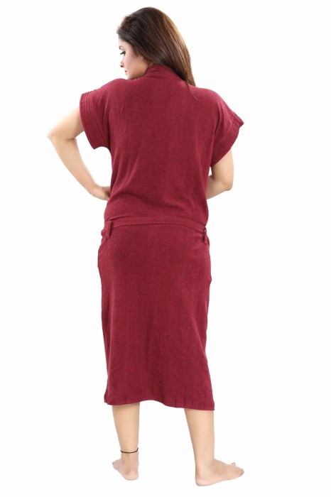 Women's Half Sleeve comfortable cotton terry Plain premium bathrobe for solid color Soft and Lightweight Robe for Everyday Use  maroon Solid Bath Robe