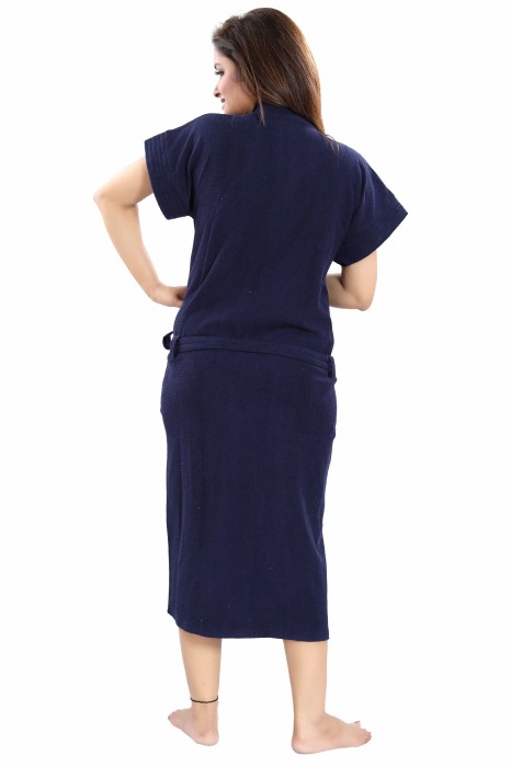 Women's Half Sleeve comfortable cotton terry Plain premium bathrobe for solid color Soft and Lightweight Robe for Everyday Use  naviblue  Solid Bath Robe