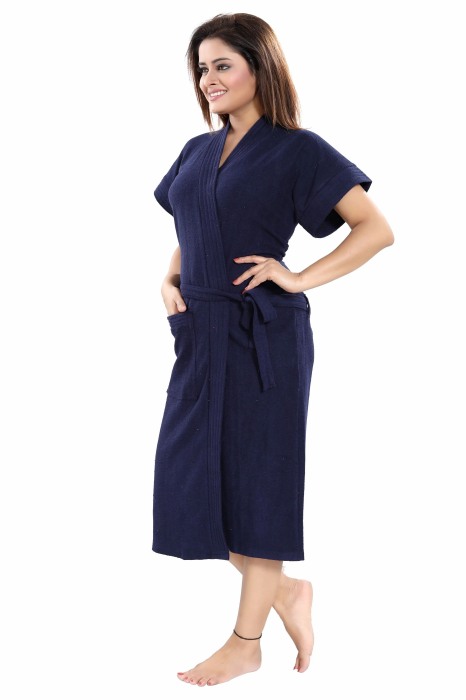 Women's Half Sleeve comfortable cotton terry Plain premium bathrobe for solid color Soft and Lightweight Robe for Everyday Use  naviblue  Solid Bath Robe