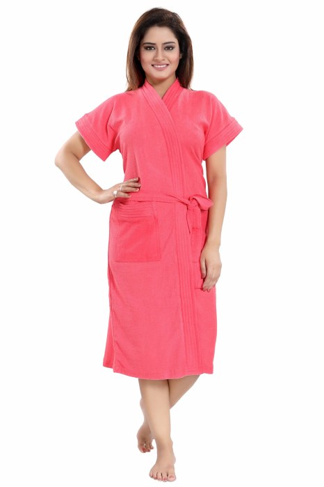 Women's Half Sleeve comfortable cotton terry Plain premium bathrobe for solid color Soft and Lightweight Robe for Everyday Use peach Solid Bath Robe