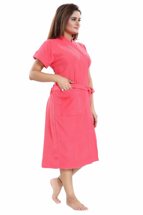 Women's Half Sleeve comfortable cotton terry Plain premium bathrobe for solid color Soft and Lightweight Robe for Everyday Use peach Solid Bath Robe