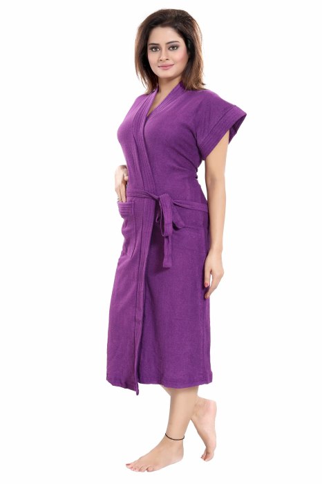 Women's Half Sleeve comfortable cotton terry Plain premium bathrobe for solid color Soft and Lightweight Robe for Everyday Use  purple Solid Bath Robe