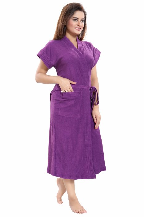 Women's Half Sleeve comfortable cotton terry Plain premium bathrobe for solid color Soft and Lightweight Robe for Everyday Use  purple Solid Bath Robe