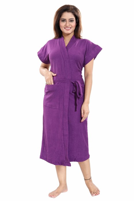 Women's Half Sleeve comfortable cotton terry Plain premium bathrobe for solid color Soft and Lightweight Robe for Everyday Use  purple Solid Bath Robe