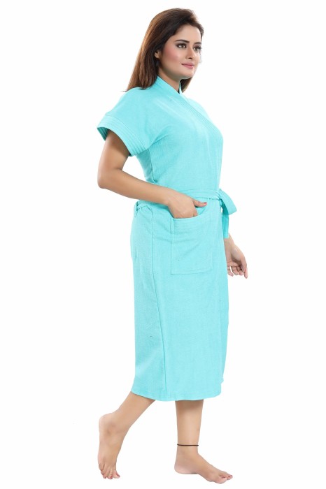 Women's Half Sleeve comfortable cotton terry Plain premium bathrobe for solid color Soft and Lightweight Robe for Everyday Use sky blue  Solid Bath Robe