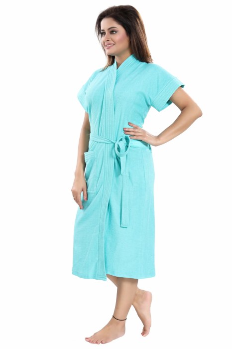 Women's Half Sleeve comfortable cotton terry Plain premium bathrobe for solid color Soft and Lightweight Robe for Everyday Use sky blue  Solid Bath Robe