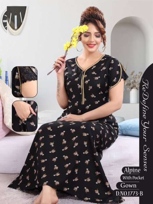 black alpine cotton night gown with zip and mini flowre design  alpine cotton night gown