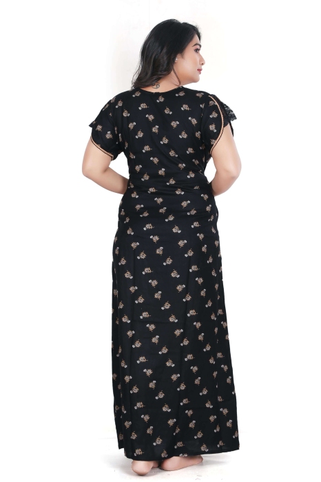 black alpine cotton night gown with zip and mini flowre design  alpine cotton night gown
