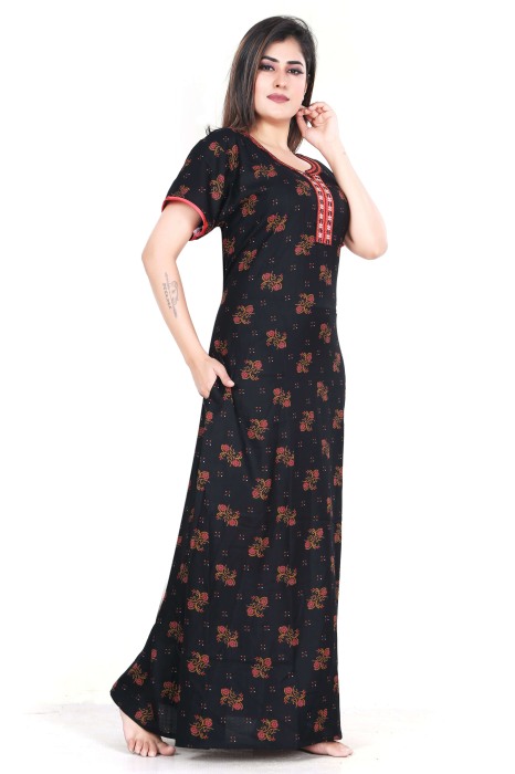 black alpine cotton night gown dote and flower design  alpine cotton night gown