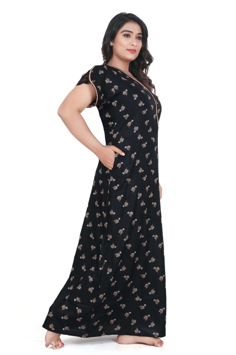 black alpine cotton night gown with zip and mini flowre design  alpine cotton night gown