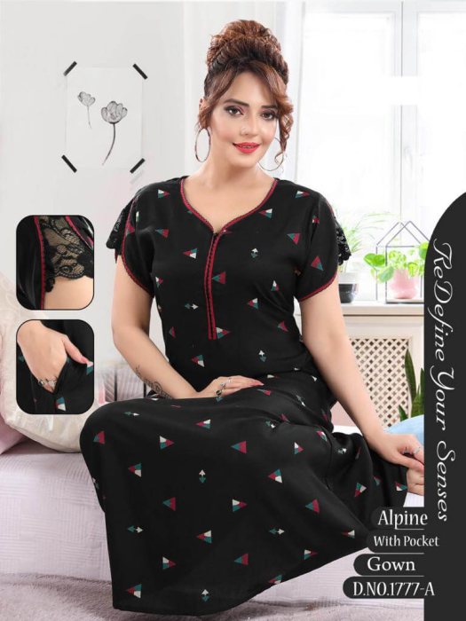 black alpine cotton zip with printed design night gown  women nighty