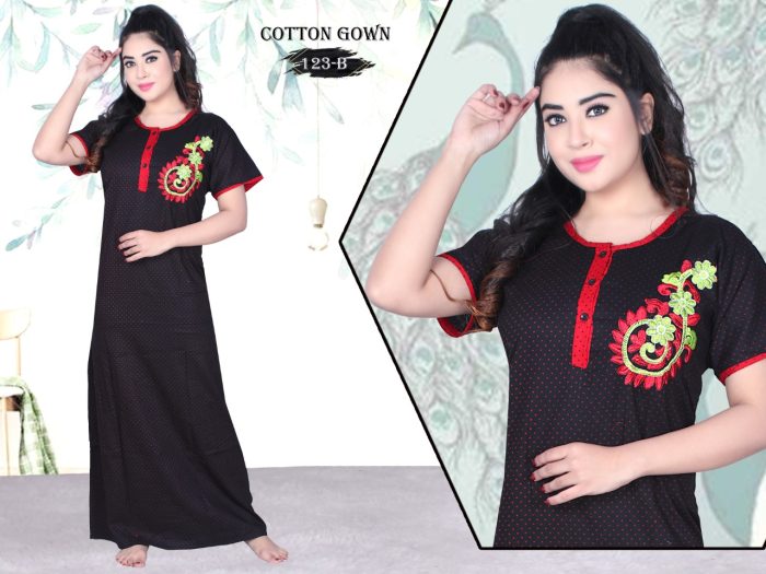 black color woman premium cotton night gown comfortable with printed cotton night Gown  