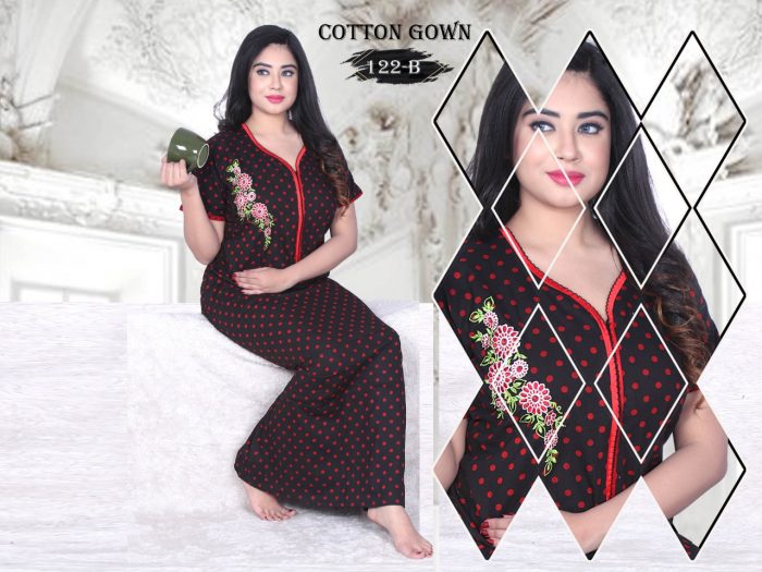 black color woman premium cotton night gown comfortable with printed cotton night Gown  