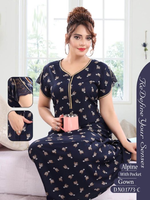 blue alpine cotton night gown with zip and mini flowre design 