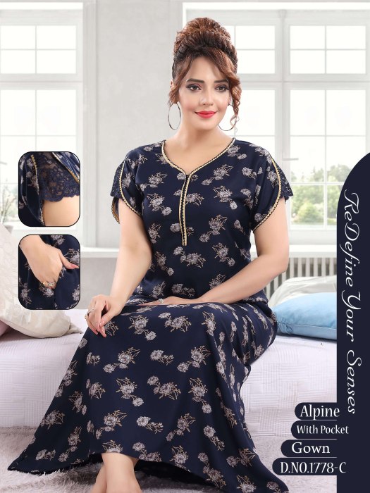 blue alpine cotton night gown with zip and flower design  