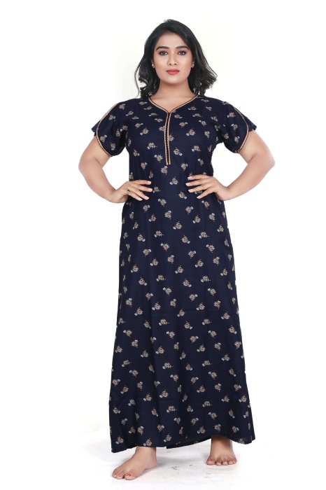 blue alpine cotton night gown with zip and mini flowre design  alpine cotton night gown