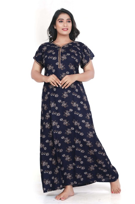 blue alpine cotton night gown with zip and flower design  alpine cotton night gown