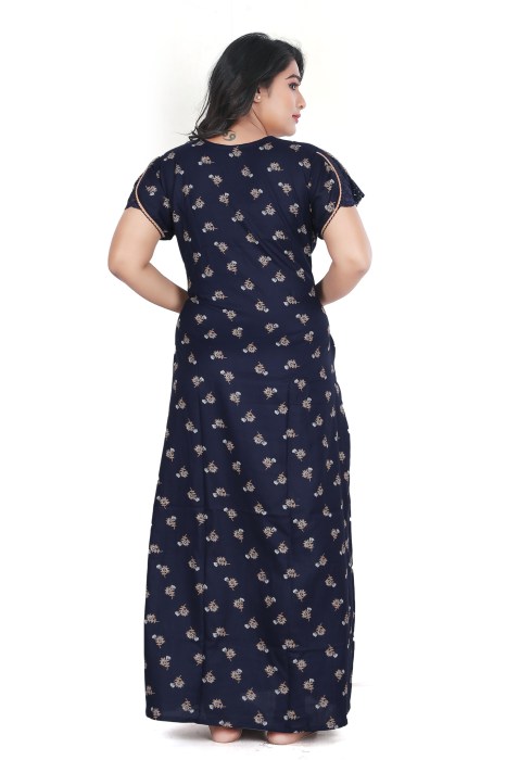 blue alpine cotton night gown with zip and mini flowre design  alpine cotton night gown