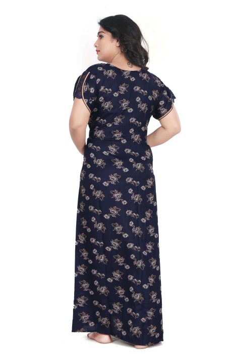 blue alpine cotton night gown with zip and flower design  alpine cotton night gown