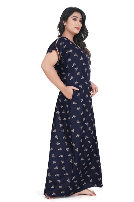 blue alpine cotton night gown with zip and mini flowre design  alpine cotton night gown