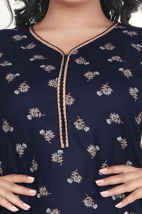 blue alpine cotton night gown with zip and mini flowre design  alpine cotton night gown
