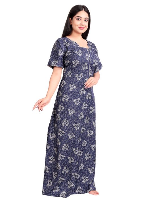 blue cotton night gown flower with zip design  cotton night gown