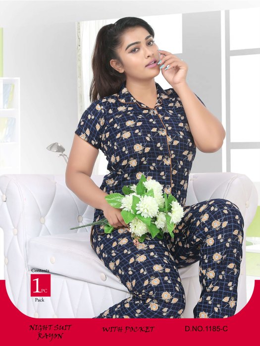 blue rayon chex with flower  design night suit rayon night suit