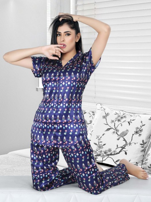 blue satin digitale printed night suit satin night suit