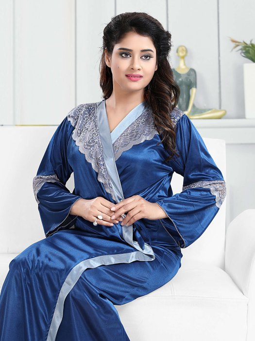 bluegrey satin bridal robe with nighti 2 pic 2 pic fancy night wear