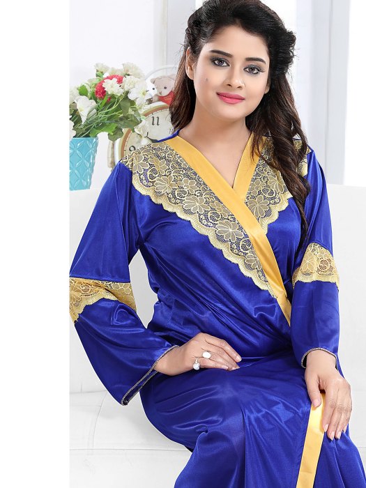 blueyellow satin bridal robe with nighti 2 pic 2 pic fancy night wear