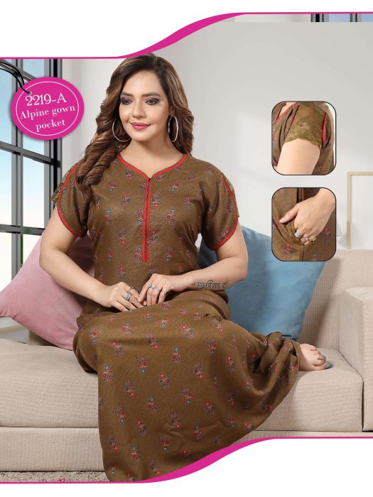 brown alpine cotton flowre design with zip night gown alpine cotton night gown