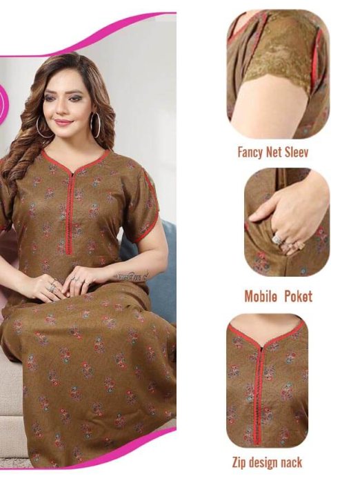 brown alpine cotton flowre design with zip night gown alpine cotton night gown