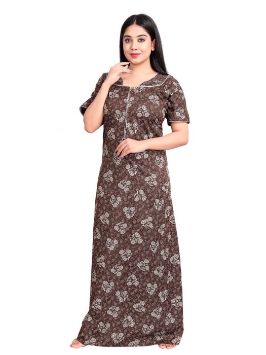 brown cotton night gown flower with zip design  cotton night gown