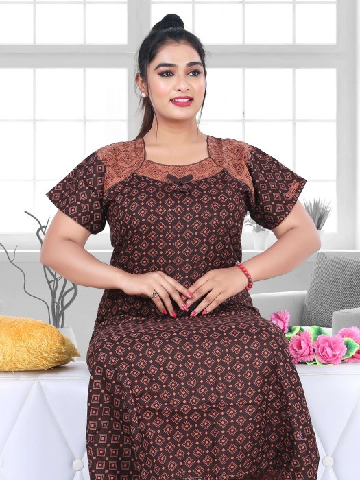 brown cotton night gown square design  cotton night gown