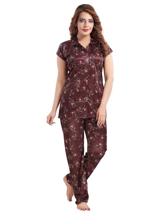 brown satin digitale printed night suit satin night suit