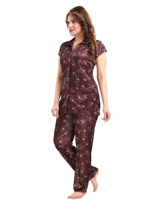 brown satin digitale printed night suit satin night suit
